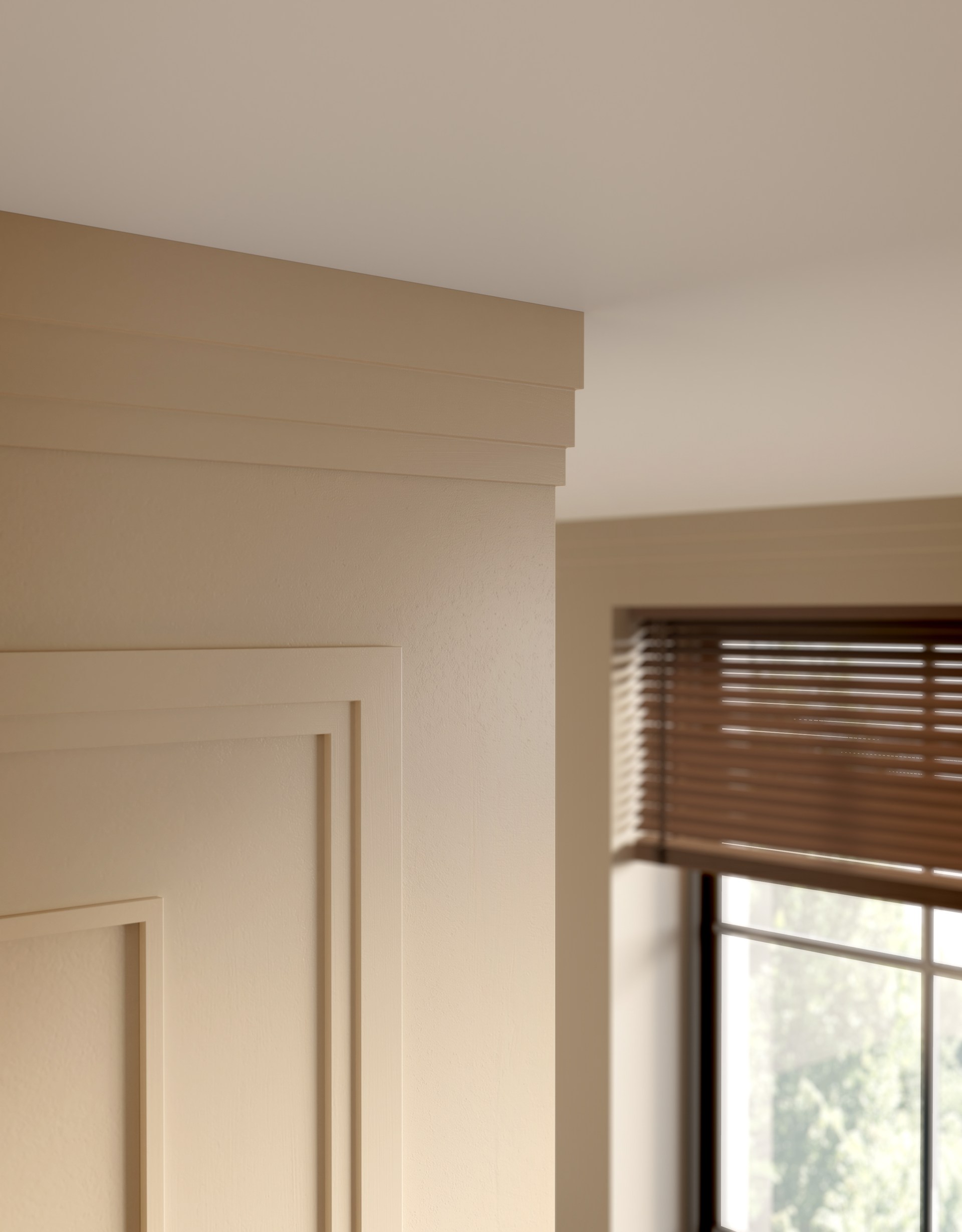 Gelaagde plafondlijsten die zorgen voor een strakke architectonische overgang tussen muur en plafond.