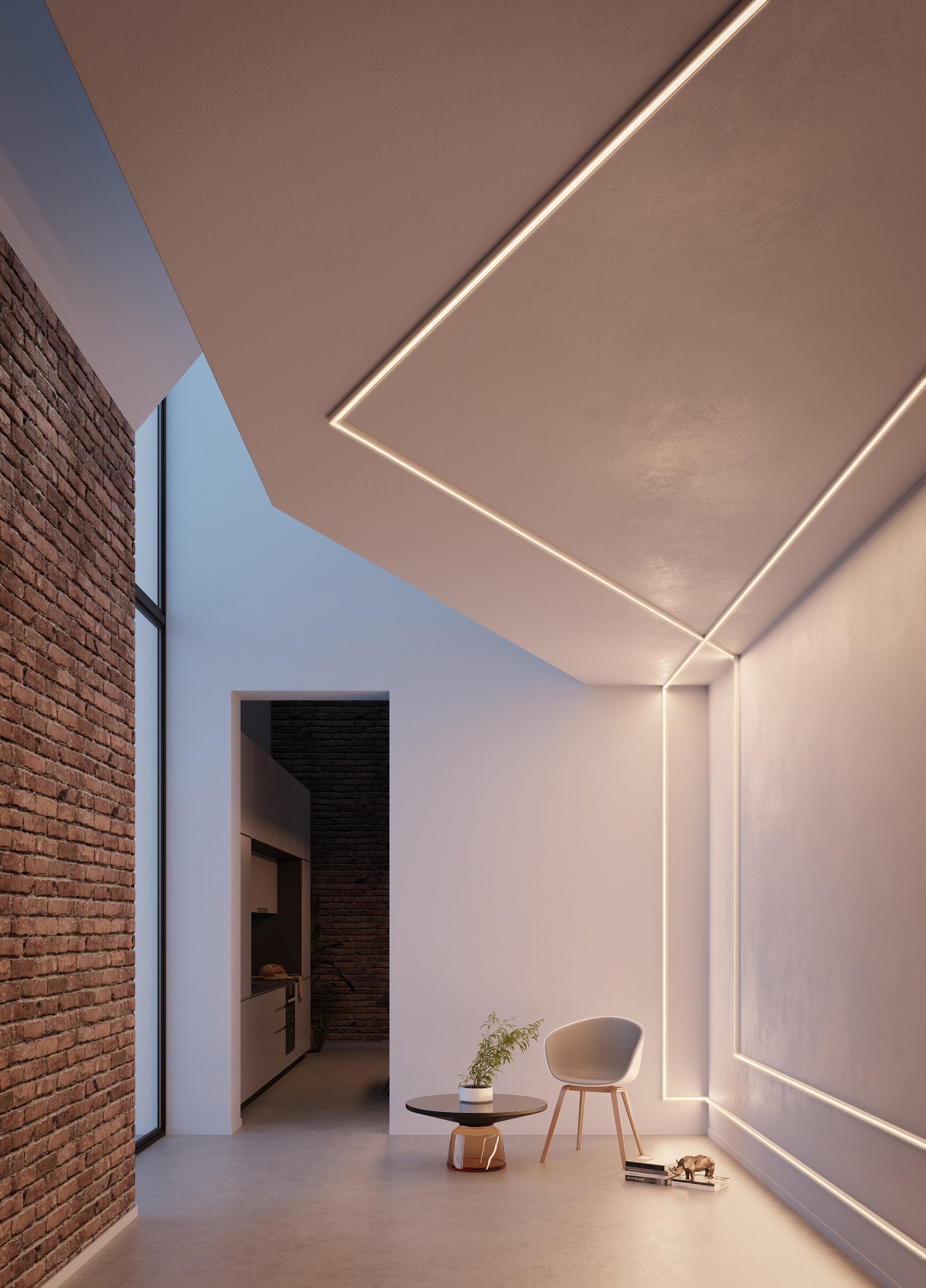 Geïntegreerde verlichtingsprofielen die de contouren van muren en plafonds benadrukken, waardoor een verfijnd architectonisch verlichtingsontwerp ontstaat.