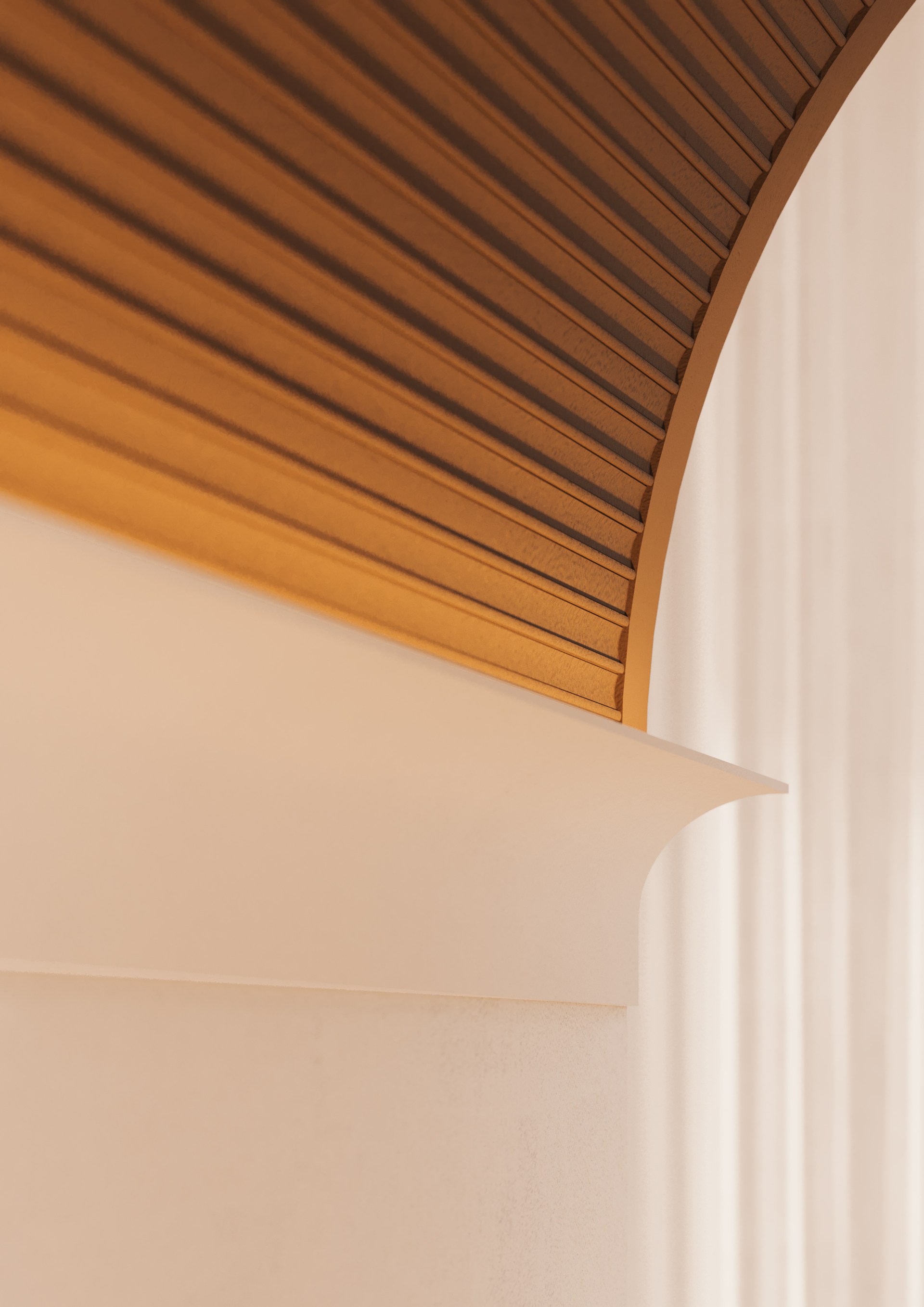 Lineaire wandpanelen zijn aan het plafond bevestigd, waardoor een gebogen architectonisch oppervlak met een verfijnde structuur ontstaat.