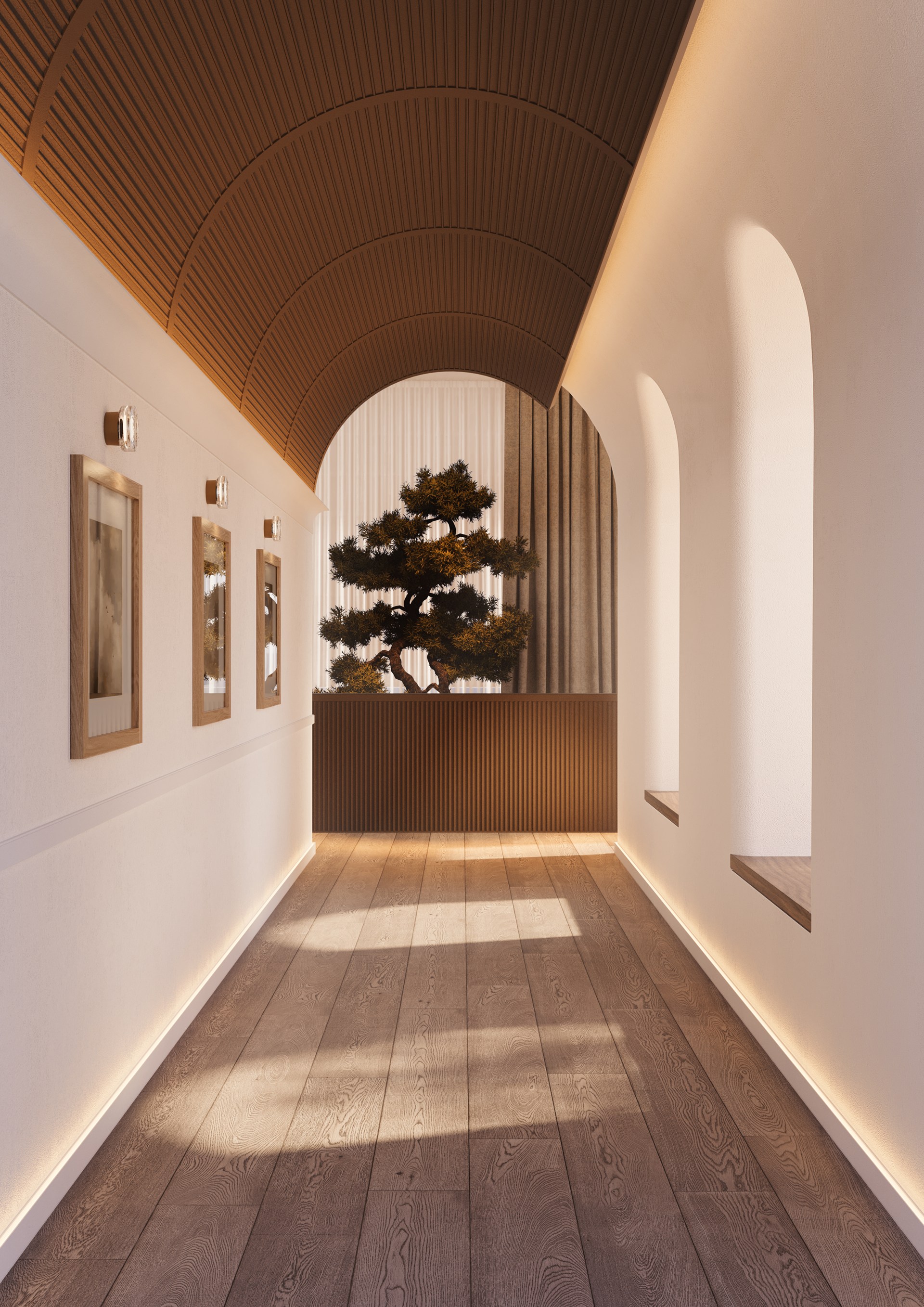 Lineaire wandpanelen die aan het plafond zijn bevestigd, waardoor een gebogen plafondoppervlak ontstaat met een uitgesproken architectonisch ritme.
